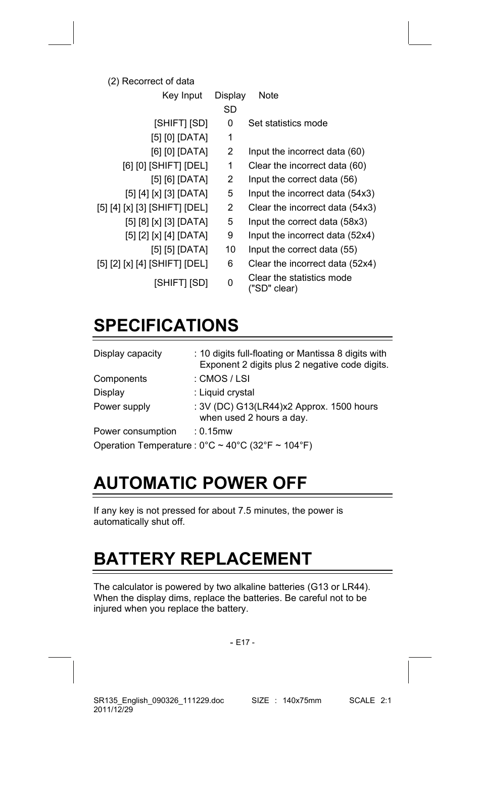 Specifications, Automatic power off, Battery replacement | CITIZEN SR-135FRD User Manual | Page 18 / 111