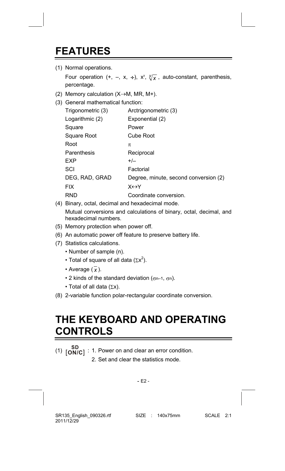 Features, The keyboard and operating controls | CITIZEN SR-135FRD User Manual | Page 3 / 111