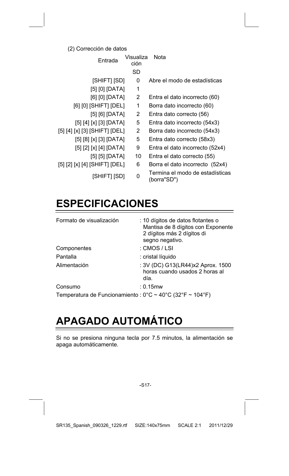 Especificaciones, Apagado automático | CITIZEN SR-135FRD User Manual | Page 36 / 111