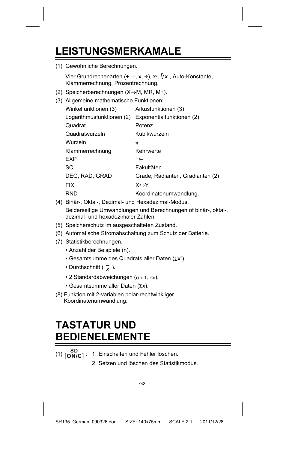 Leistungsmerkamale, Tastatur und bedienelemente | CITIZEN SR-135FRD User Manual | Page 39 / 111