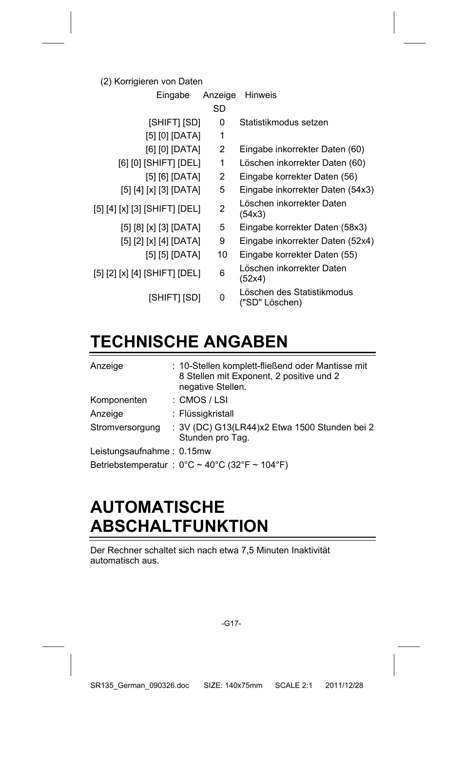 Technische angaben, Automatische abschaltfunktion | CITIZEN SR-135FRD User Manual | Page 54 / 111