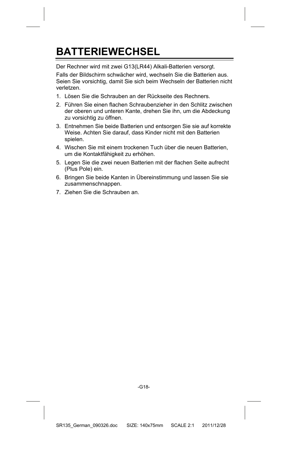 Batteriewechsel | CITIZEN SR-135FRD User Manual | Page 55 / 111