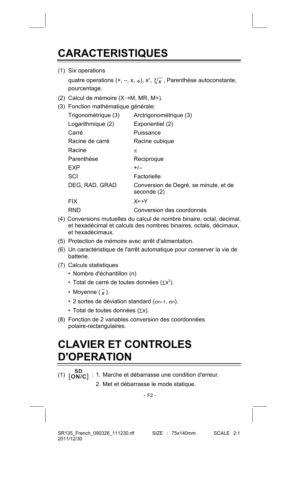 Caracteristiques, Clavier et controles d'operation | CITIZEN SR-135FRD User Manual | Page 57 / 111