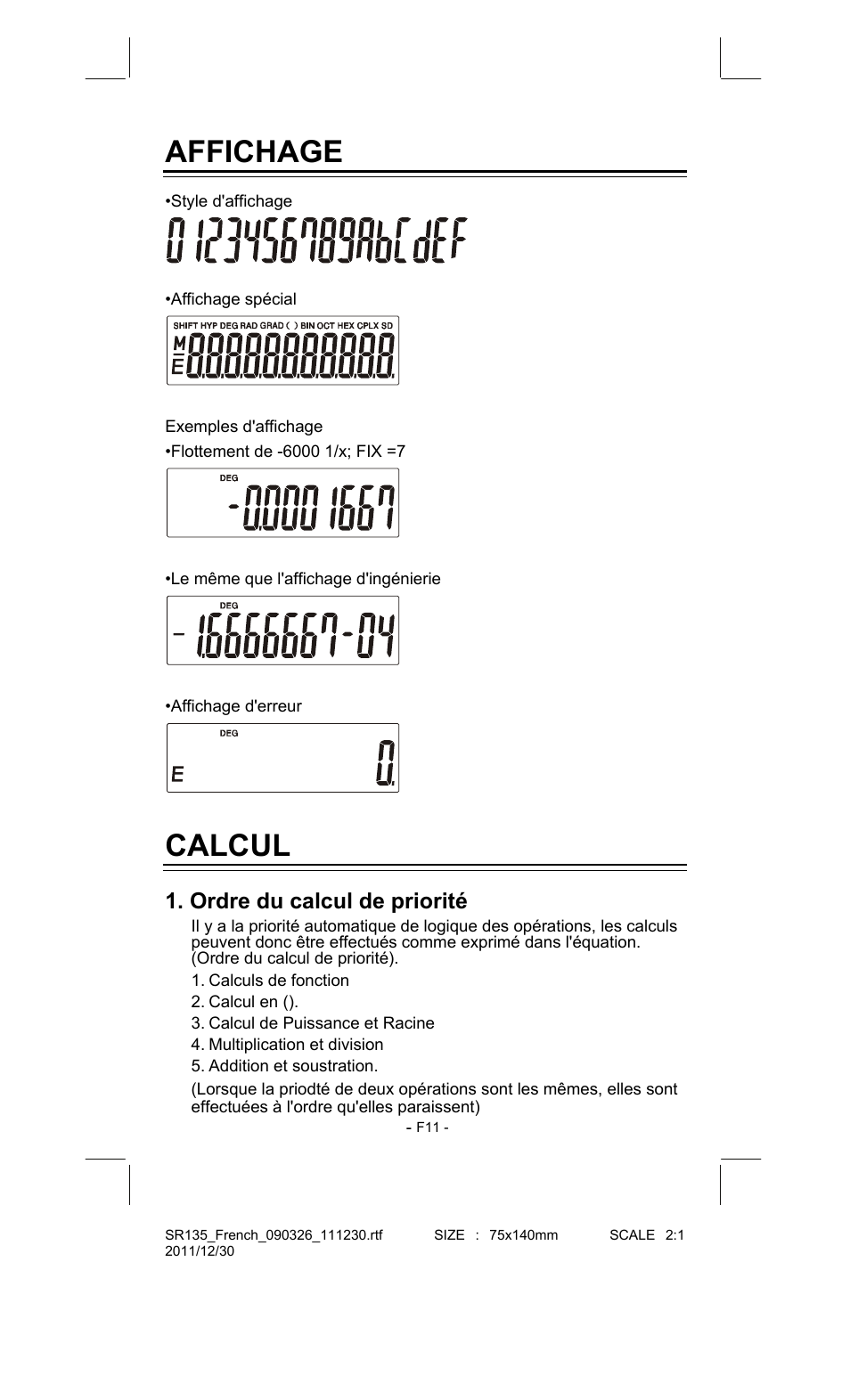 Affichage, Calcul, Ordre du calcul de priorité | CITIZEN SR-135FRD User Manual | Page 66 / 111