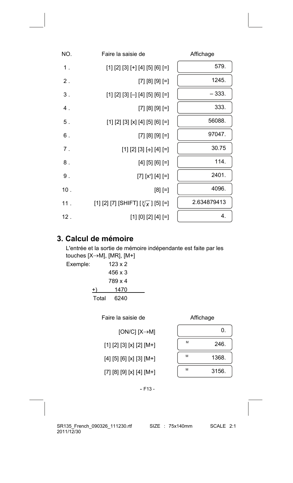 Calcul de mémoire | CITIZEN SR-135FRD User Manual | Page 68 / 111