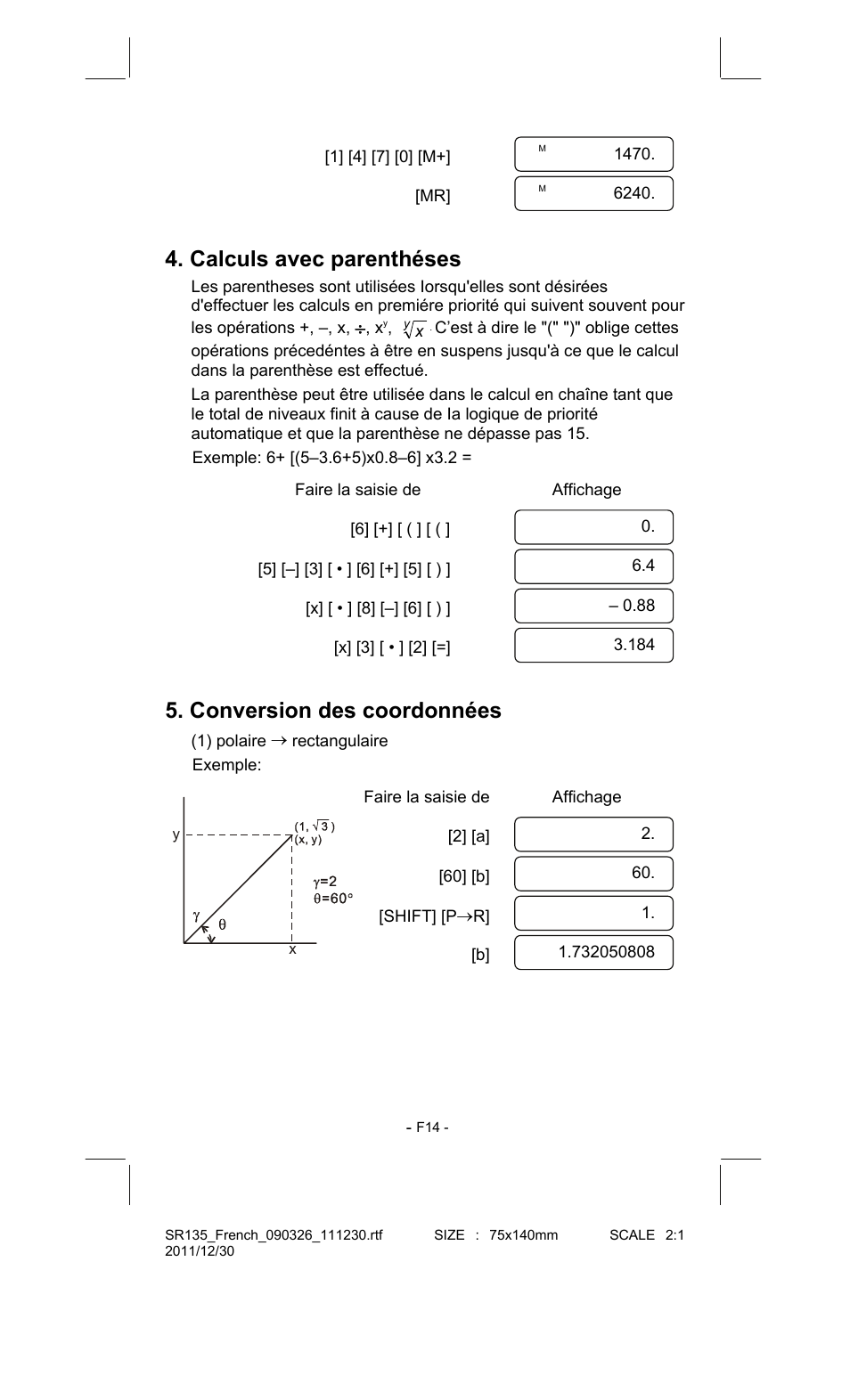 Calculs avec parenthéses, Conversion des coordonnées | CITIZEN SR-135FRD User Manual | Page 69 / 111