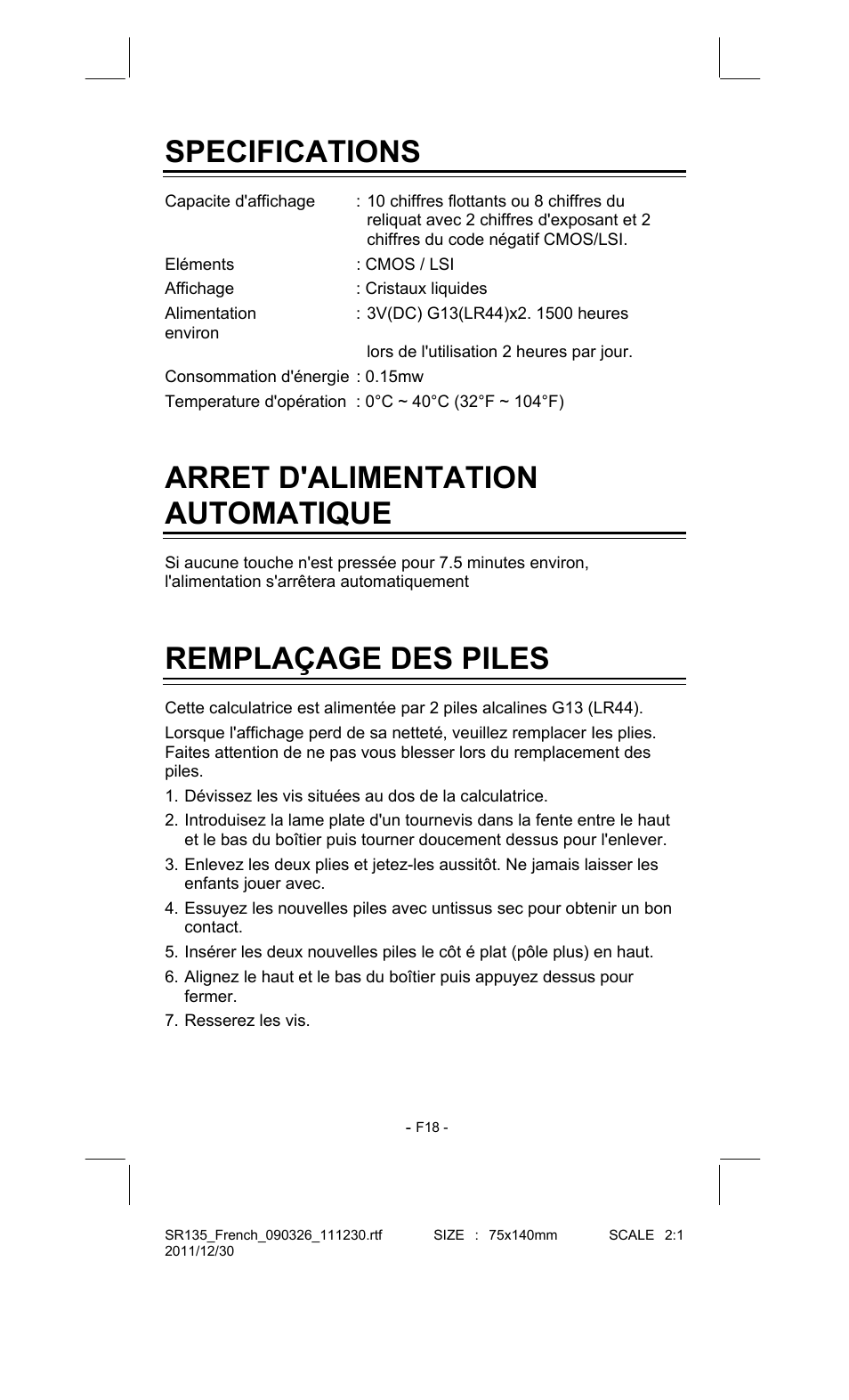 Specifications, Arret d'alimentation automatique, Remplaçage des piles | CITIZEN SR-135FRD User Manual | Page 73 / 111