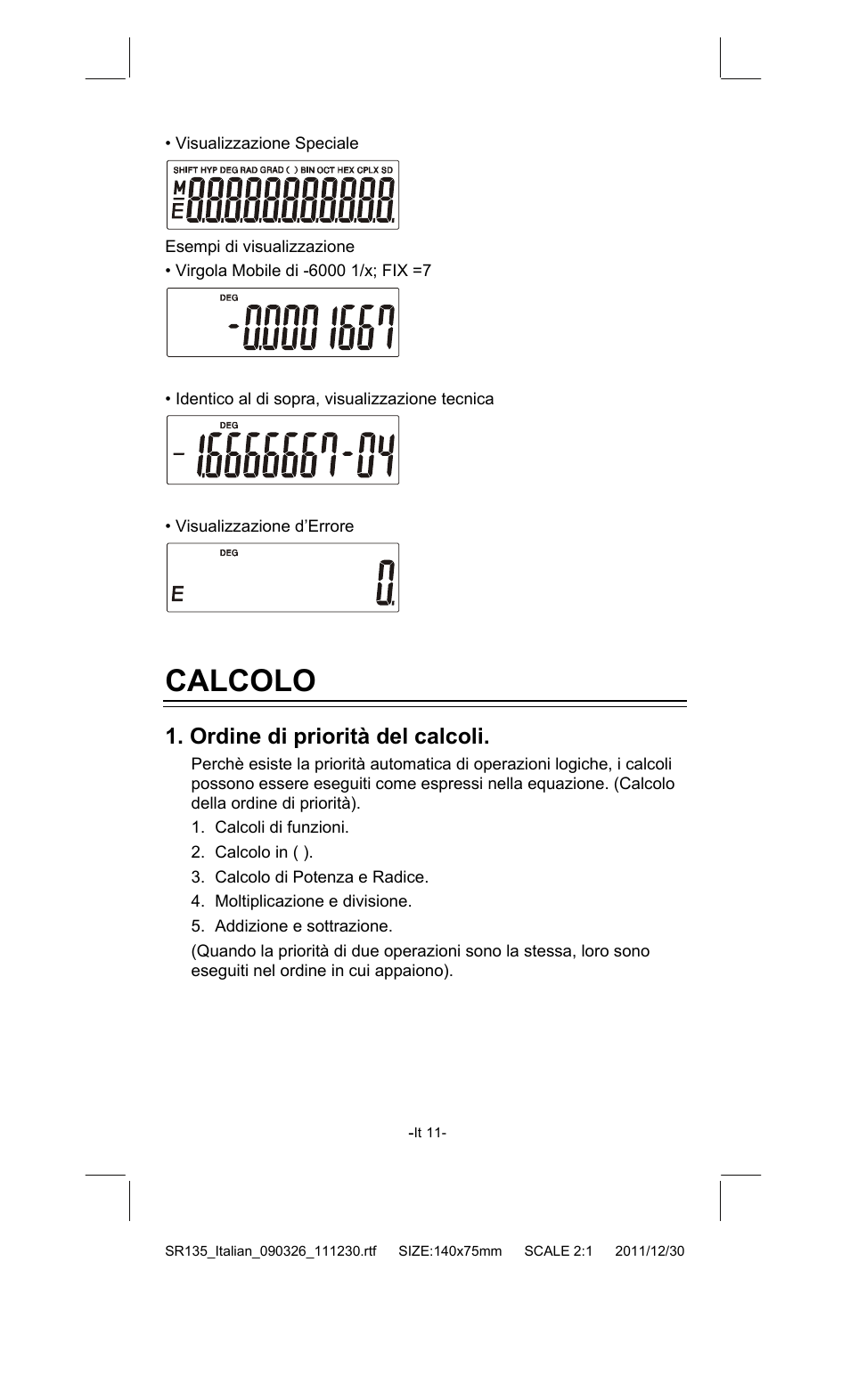 Calcolo, Ordine di priorità del calcoli | CITIZEN SR-135FRD User Manual | Page 84 / 111