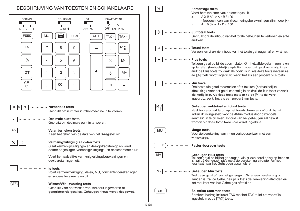 Beschrijving van toesten en schakelaars | CITIZEN 520-DPA User Manual | Page 20 / 79
