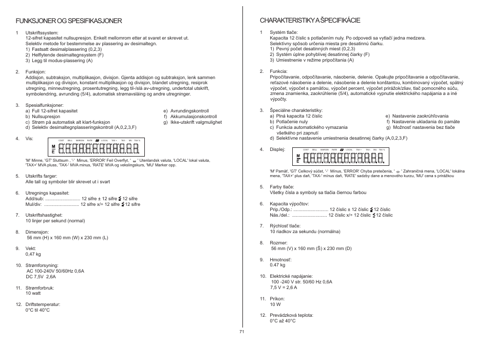 Funksjoner og spesifikasjoner, Charakteristiky a špecifikácie | CITIZEN 520-DPA User Manual | Page 72 / 79