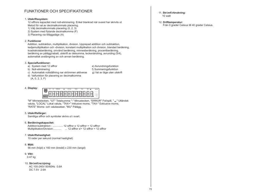 Funktioner och specifikationer | CITIZEN 520-DPA User Manual | Page 73 / 79