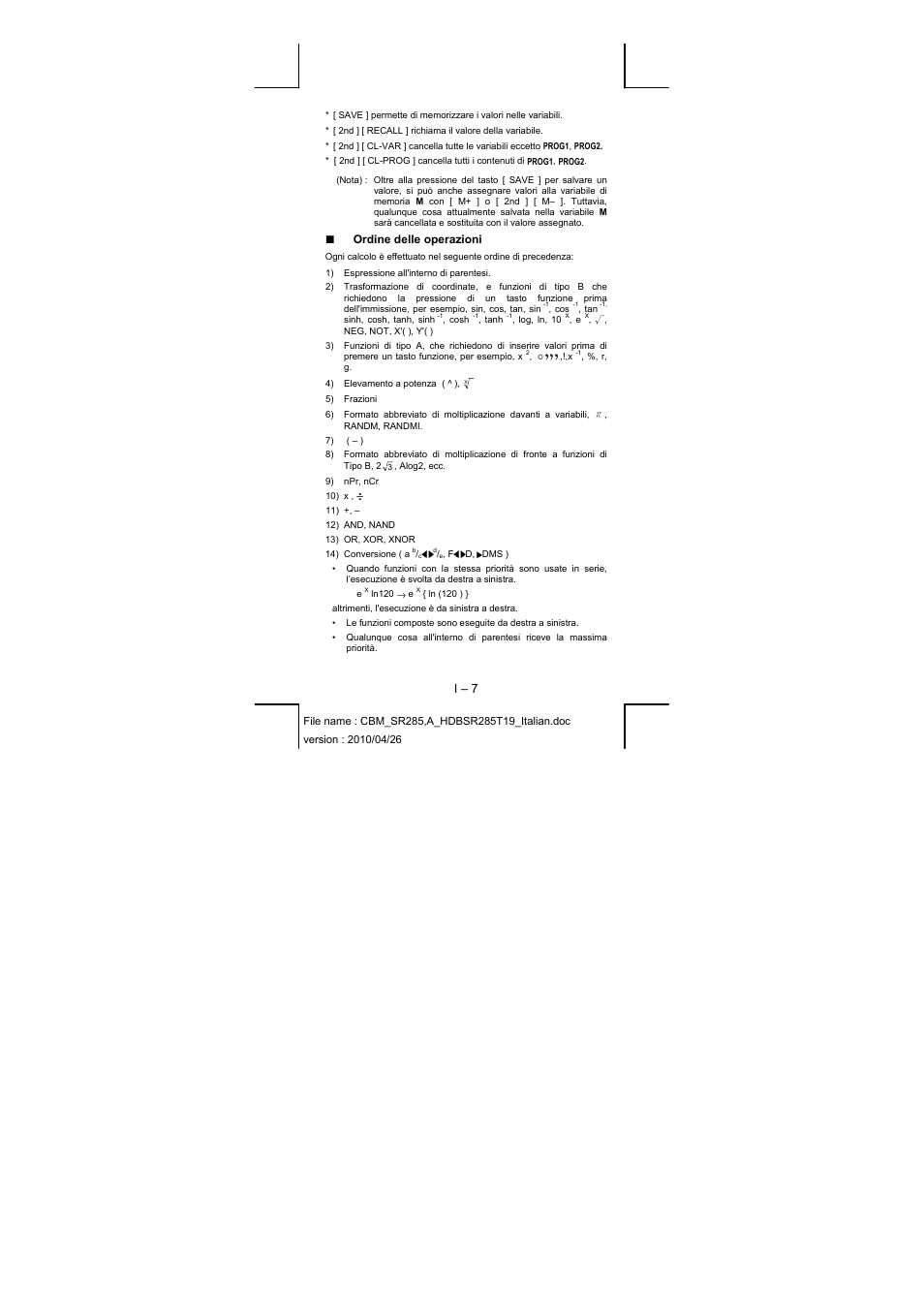 I – 7, Ordine delle operazioni | CITIZEN SRP-285N User Manual | Page 109 / 247