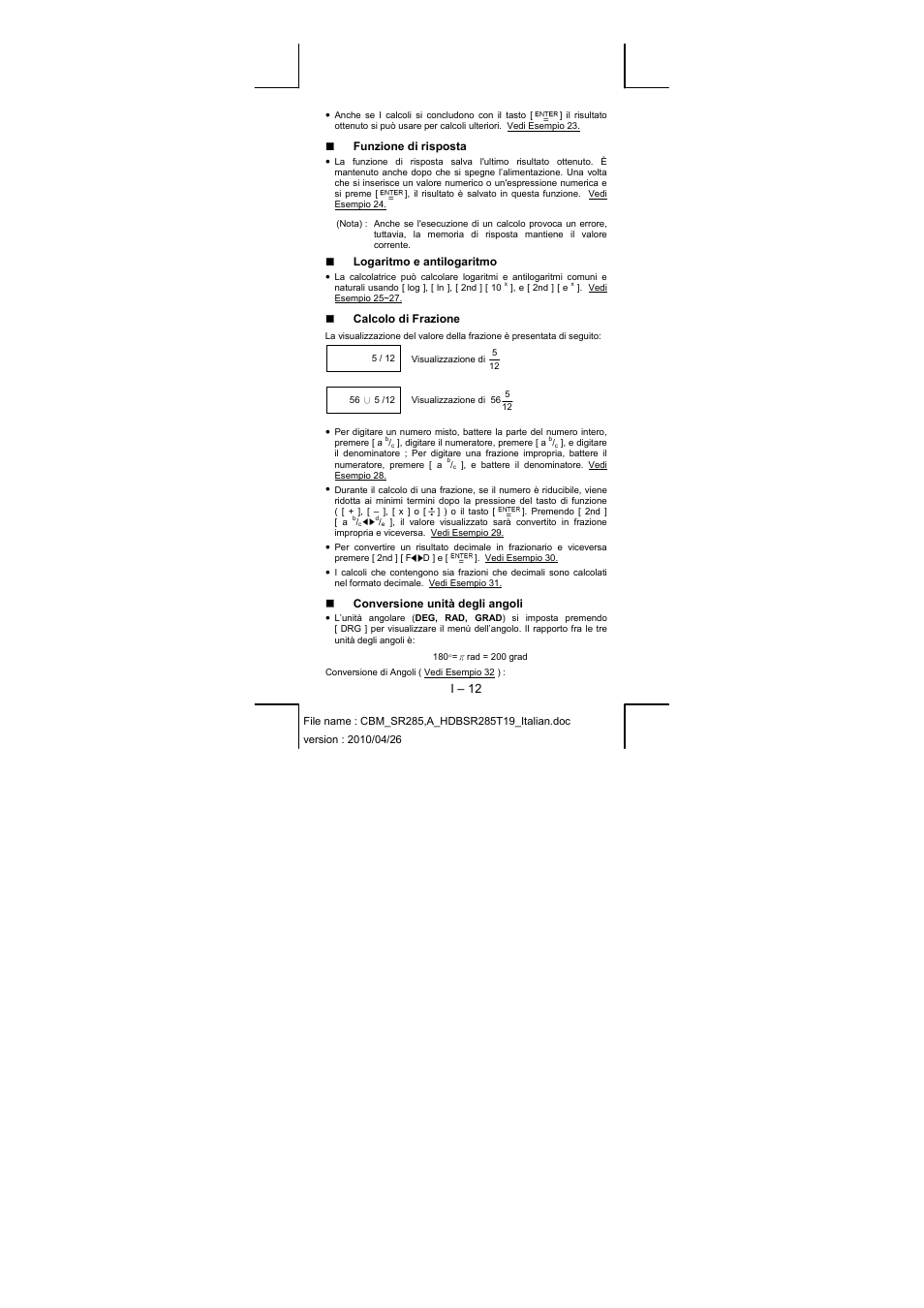 I – 12, Funzione di risposta, Logaritmo e antilogaritmo | Calcolo di frazione, Conversione unità degli angoli | CITIZEN SRP-285N User Manual | Page 114 / 247