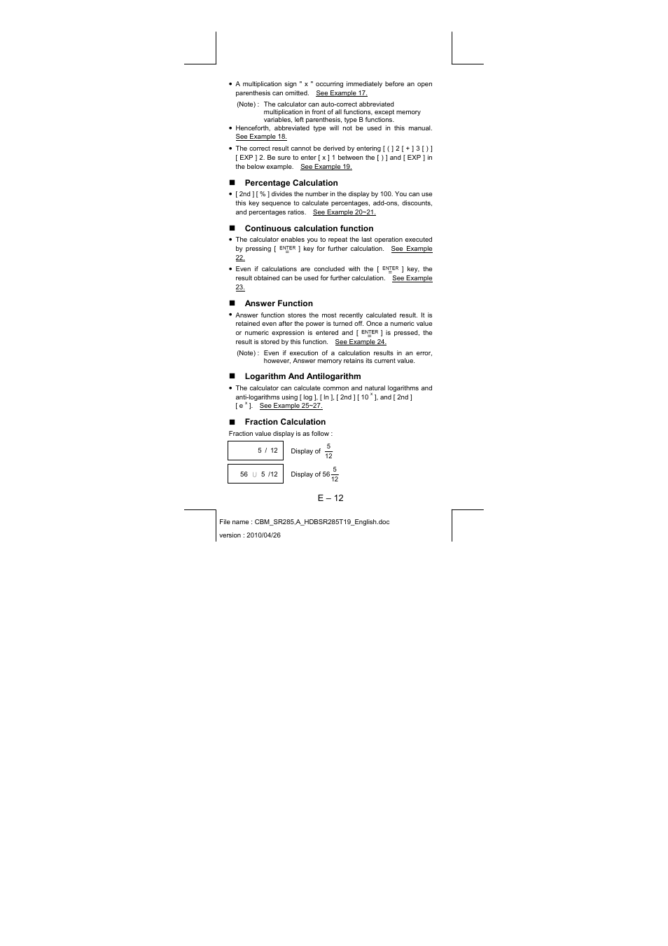 E – 12, Percentage calculation, Continuous calculation function | Answer function, Logarithm and antilogarithm, Fraction calculation | CITIZEN SRP-285N User Manual | Page 13 / 247