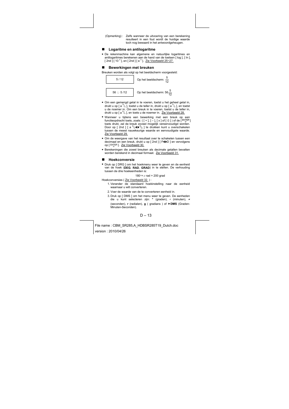 D – 13, Logaritme en antilogaritme, Bewerkingen met breuken | Hoekconversie | CITIZEN SRP-285N User Manual | Page 135 / 247