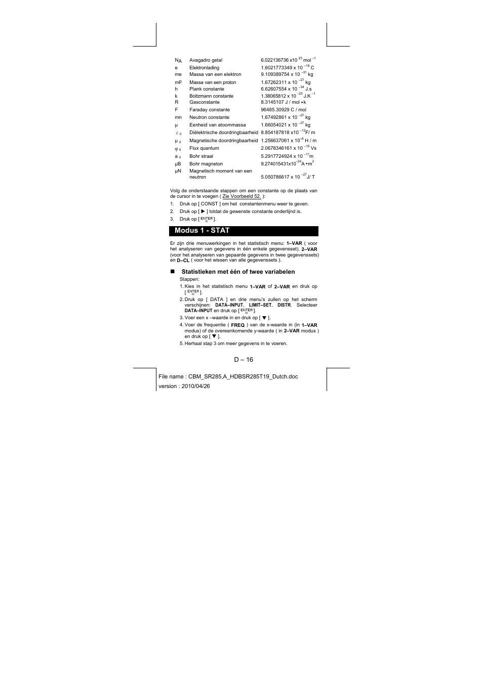 Modus 1 - stat, D – 16, Statistieken met één of twee variabelen | CITIZEN SRP-285N User Manual | Page 138 / 247