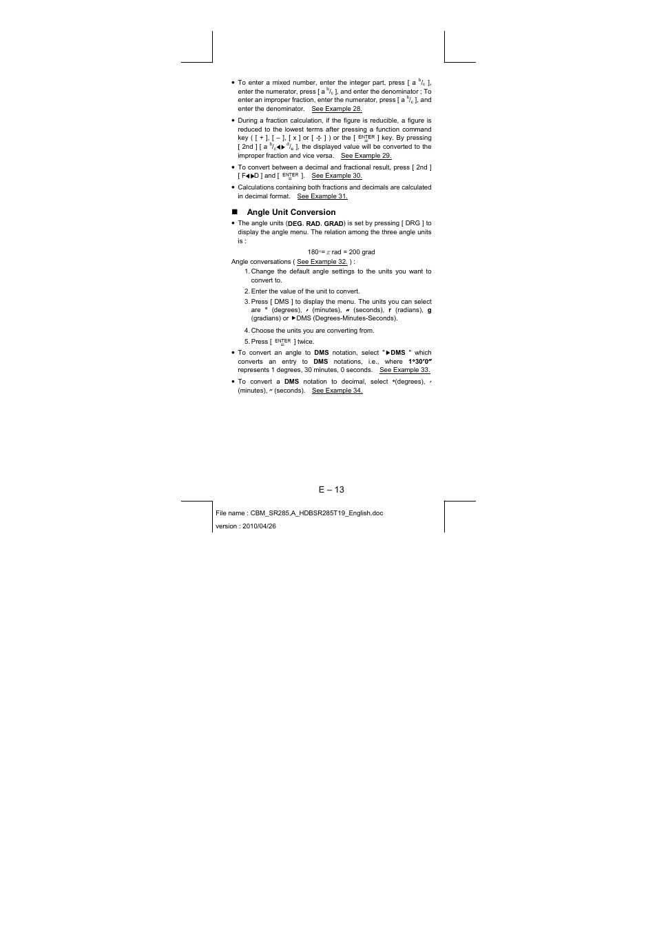 E – 13, Angle unit conversion | CITIZEN SRP-285N User Manual | Page 14 / 247