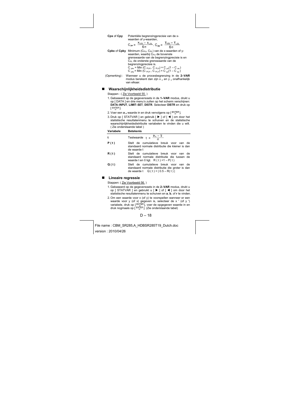 D – 18, Waarschijnlijkheidsdistributie, Lineaire regressie | CITIZEN SRP-285N User Manual | Page 140 / 247