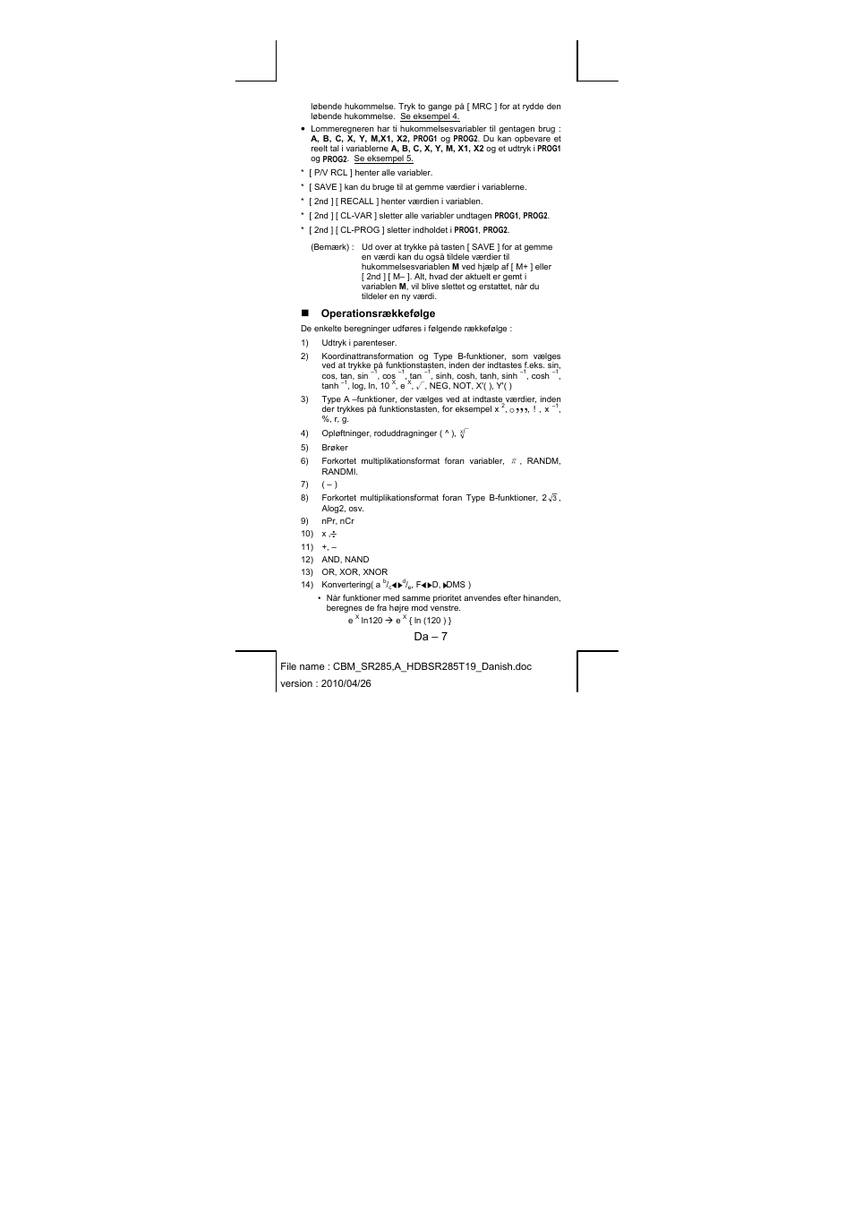 Da – 7, Operationsrækkefølge | CITIZEN SRP-285N User Manual | Page 150 / 247