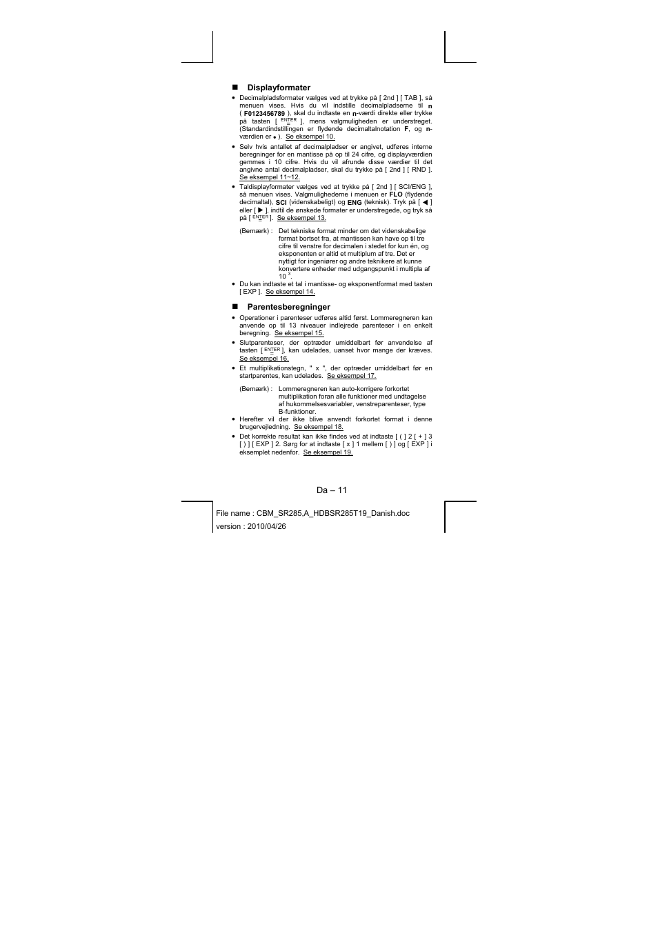 Da – 11, Displayformater, Parentesberegninger | CITIZEN SRP-285N User Manual | Page 154 / 247