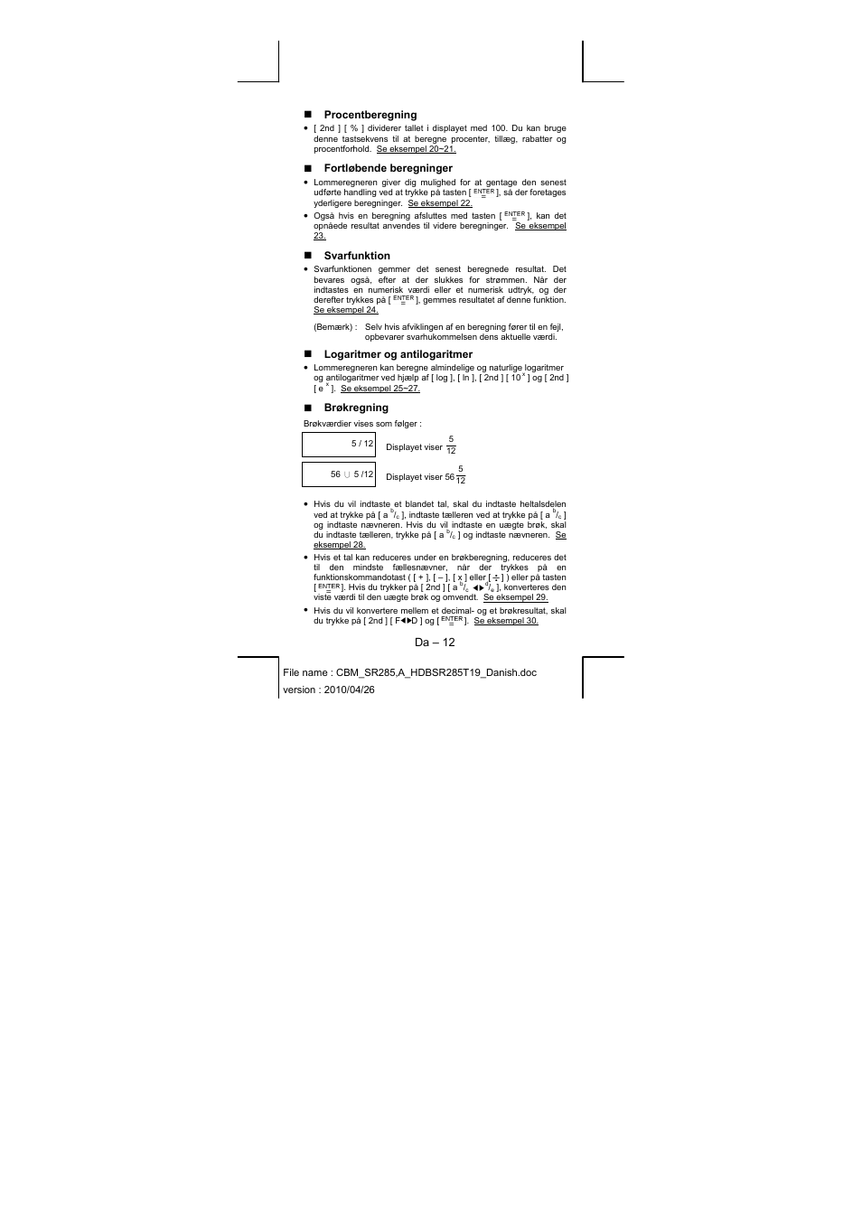 Da – 12, Procentberegning, Fortløbende beregninger | Svarfunktion, Logaritmer og antilogaritmer, Brøkregning | CITIZEN SRP-285N User Manual | Page 155 / 247