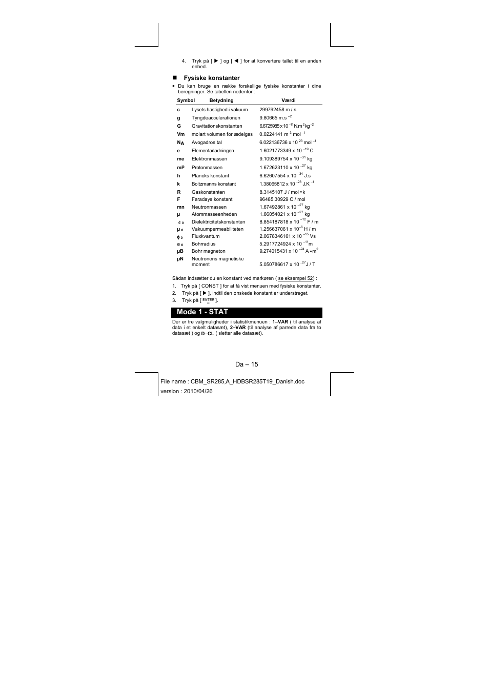 Mode 1 - stat, Da – 15, Fysiske konstanter | CITIZEN SRP-285N User Manual | Page 158 / 247