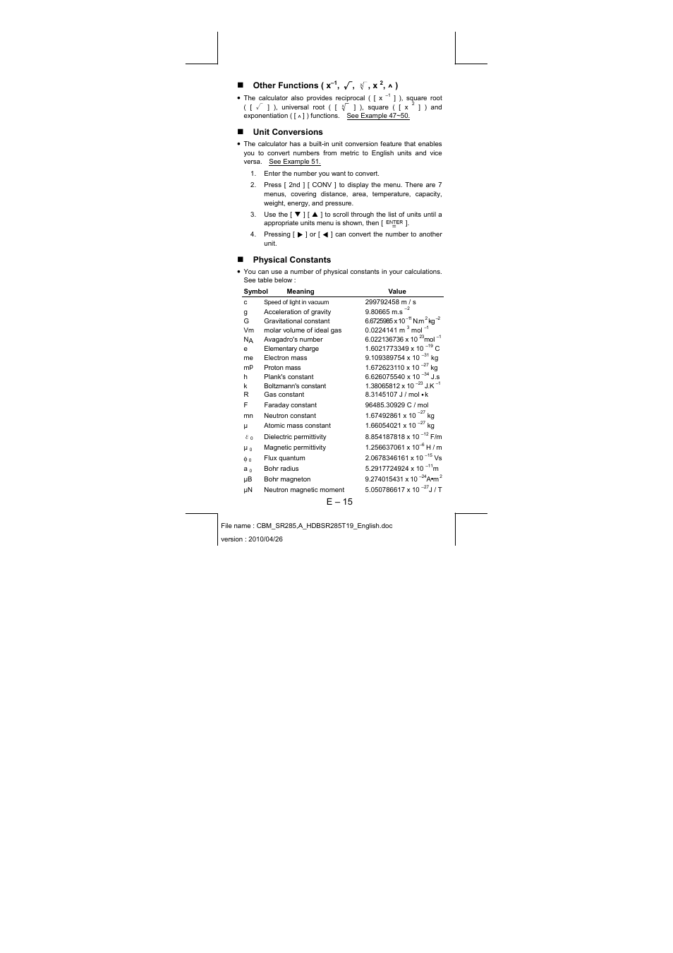 E – 15, Other functions ( x, Unit conversions | Physical constants | CITIZEN SRP-285N User Manual | Page 16 / 247