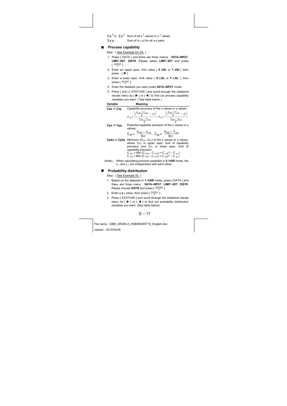 E – 17, Process capability, Probability distribution | CITIZEN SRP-285N User Manual | Page 18 / 247