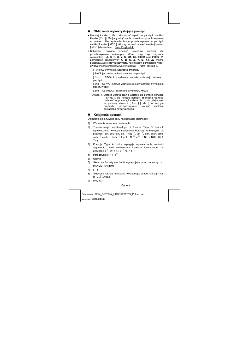 Po – 7, Obliczenia wykorzystujące pamięć, Kolejność operacji | CITIZEN SRP-285N User Manual | Page 191 / 247