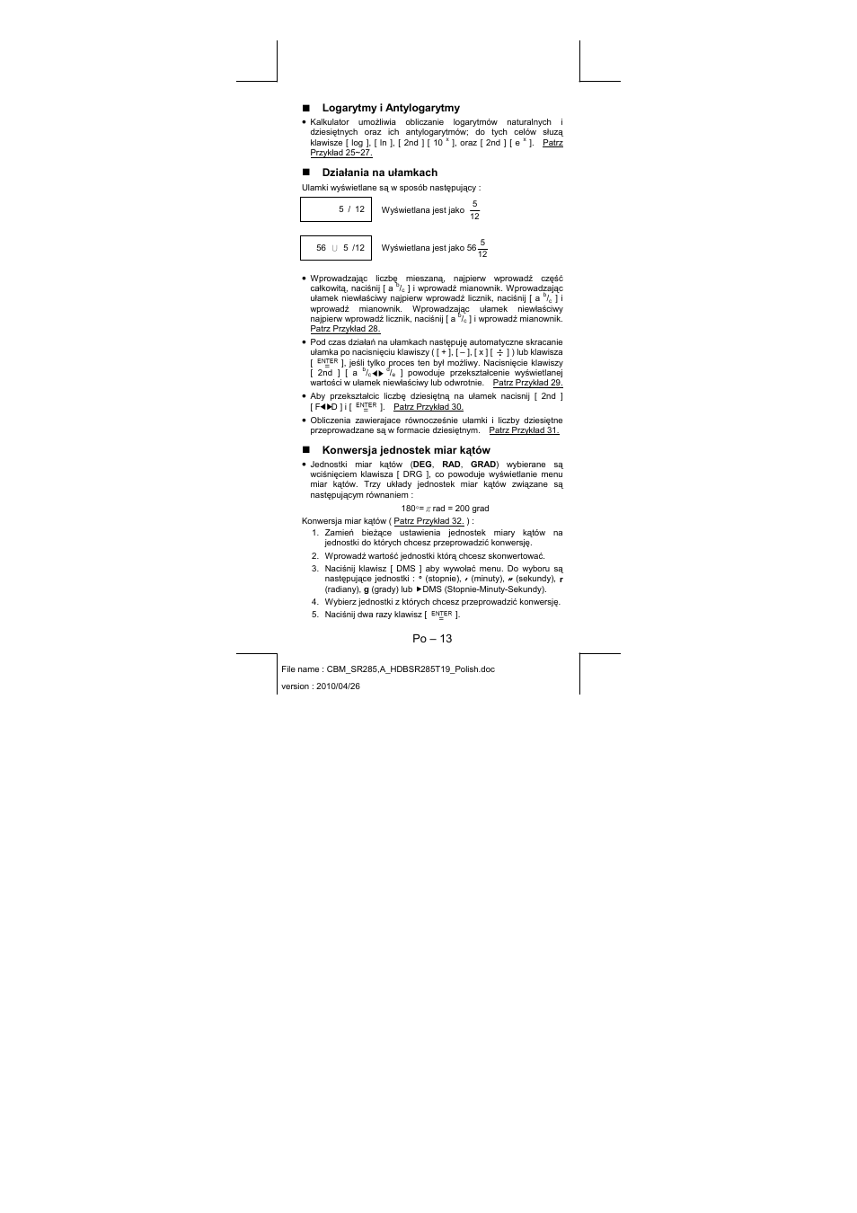 Po – 13, Logarytmy i antylogarytmy, Działania na ułamkach | Konwersja jednostek miar kątów | CITIZEN SRP-285N User Manual | Page 197 / 247