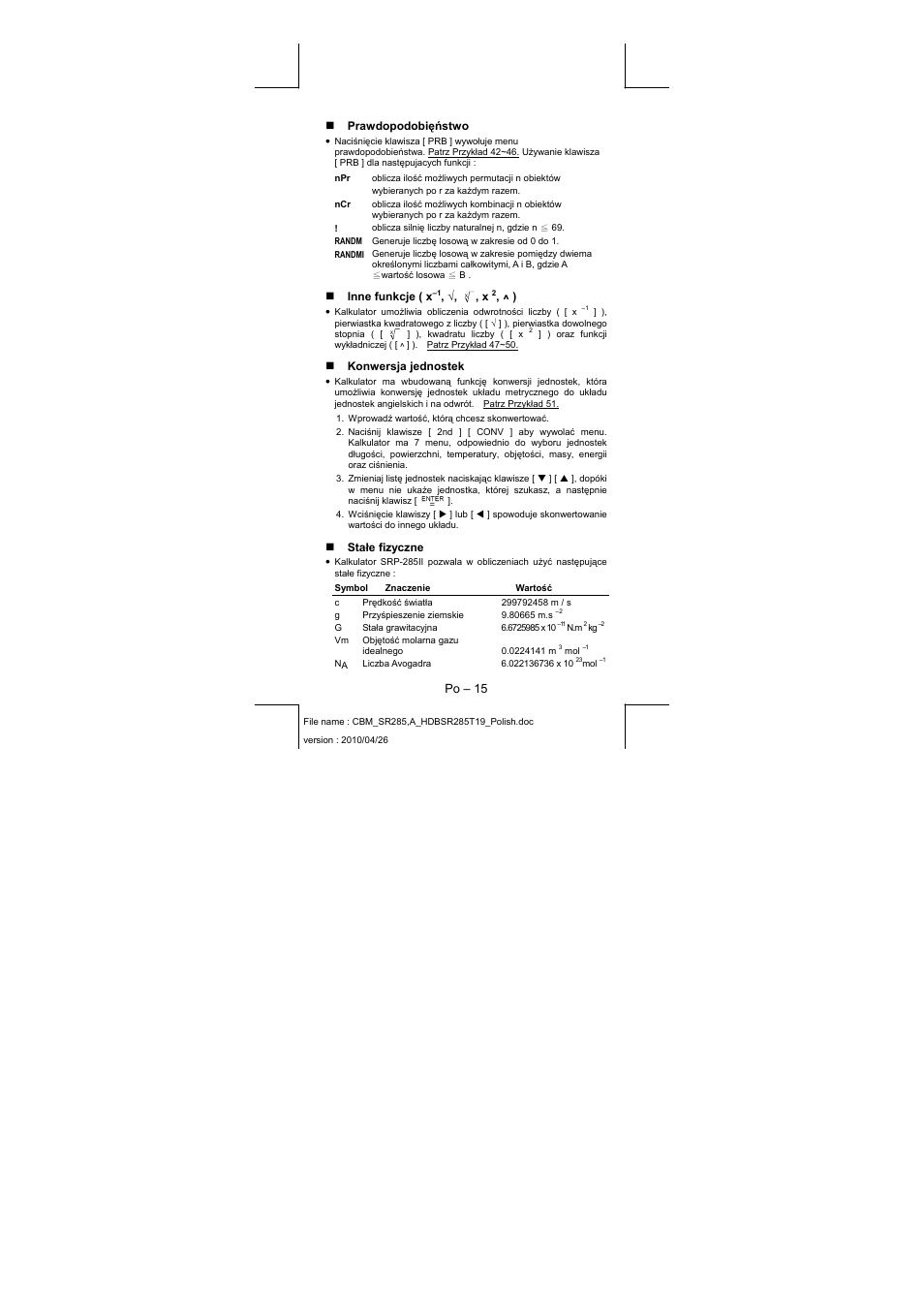 Po – 15, Prawdopodobięństwo, Inne funkcje ( x | Konwersja jednostek, Stałe fizyczne | CITIZEN SRP-285N User Manual | Page 199 / 247