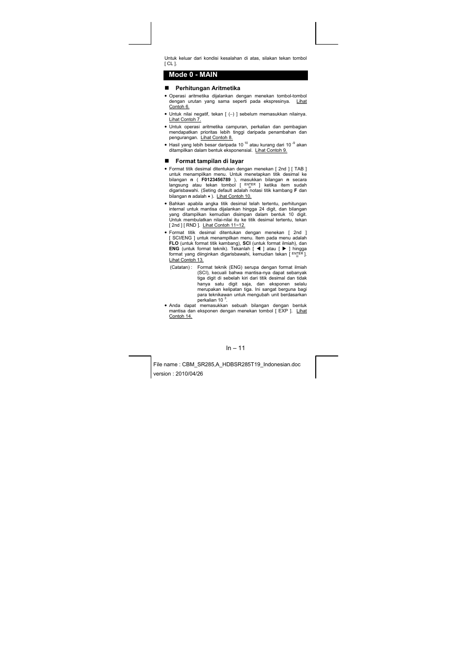 Mode 0 - main, Perhitungan aritmetika, Format tampilan di layar | CITIZEN SRP-285N User Manual | Page 216 / 247