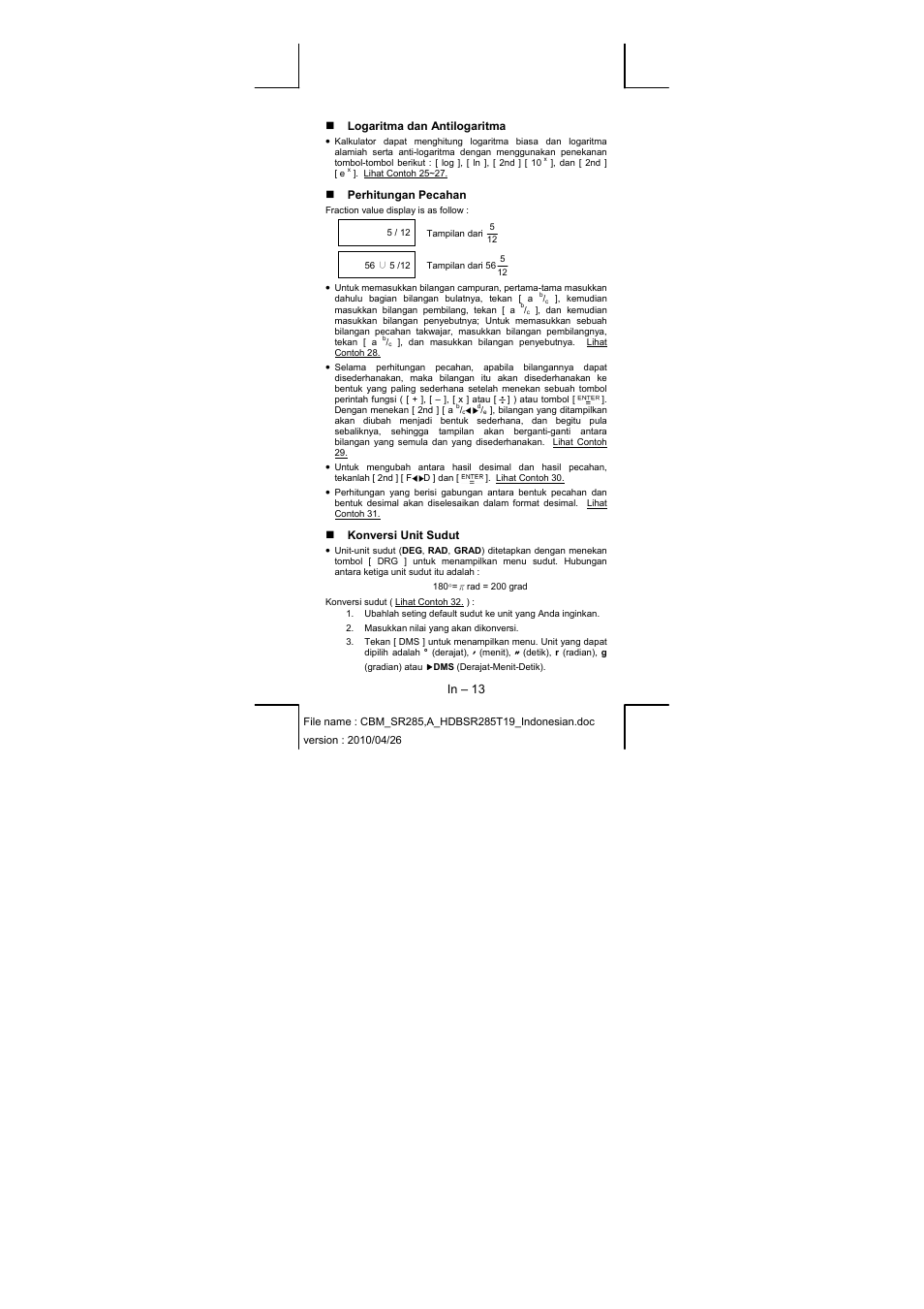 Logaritma dan antilogaritma, Perhitungan pecahan, Konversi unit sudut | CITIZEN SRP-285N User Manual | Page 218 / 247