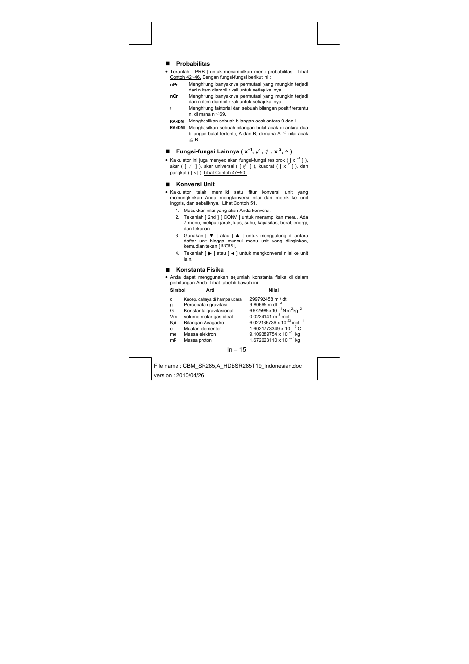 Probabilitas, Fungsi-fungsi lainnya ( x, Konversi unit | Konstanta fisika | CITIZEN SRP-285N User Manual | Page 220 / 247