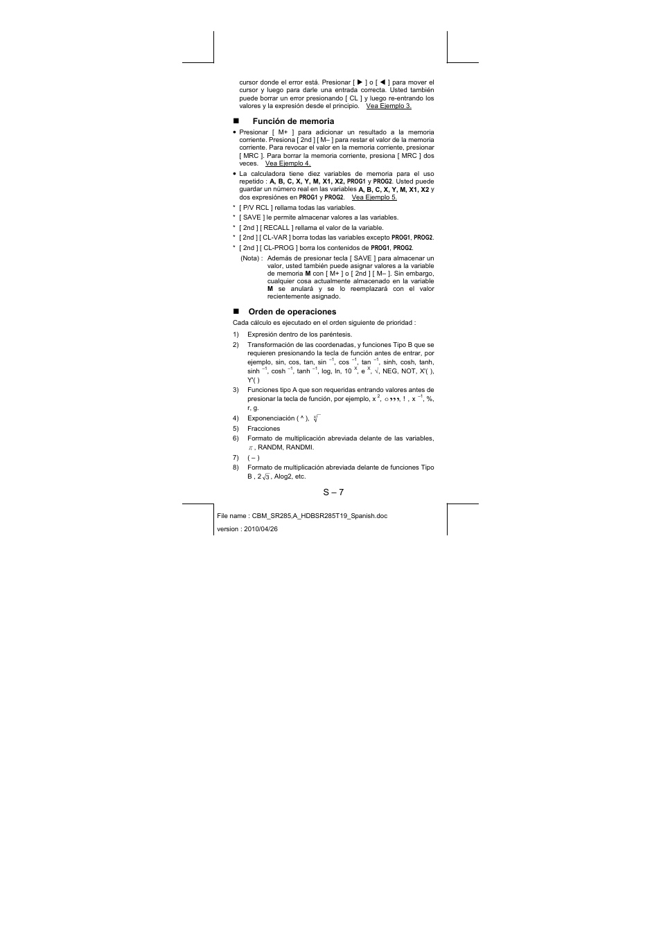 S – 7, Orden de operaciones | CITIZEN SRP-285N User Manual | Page 28 / 247