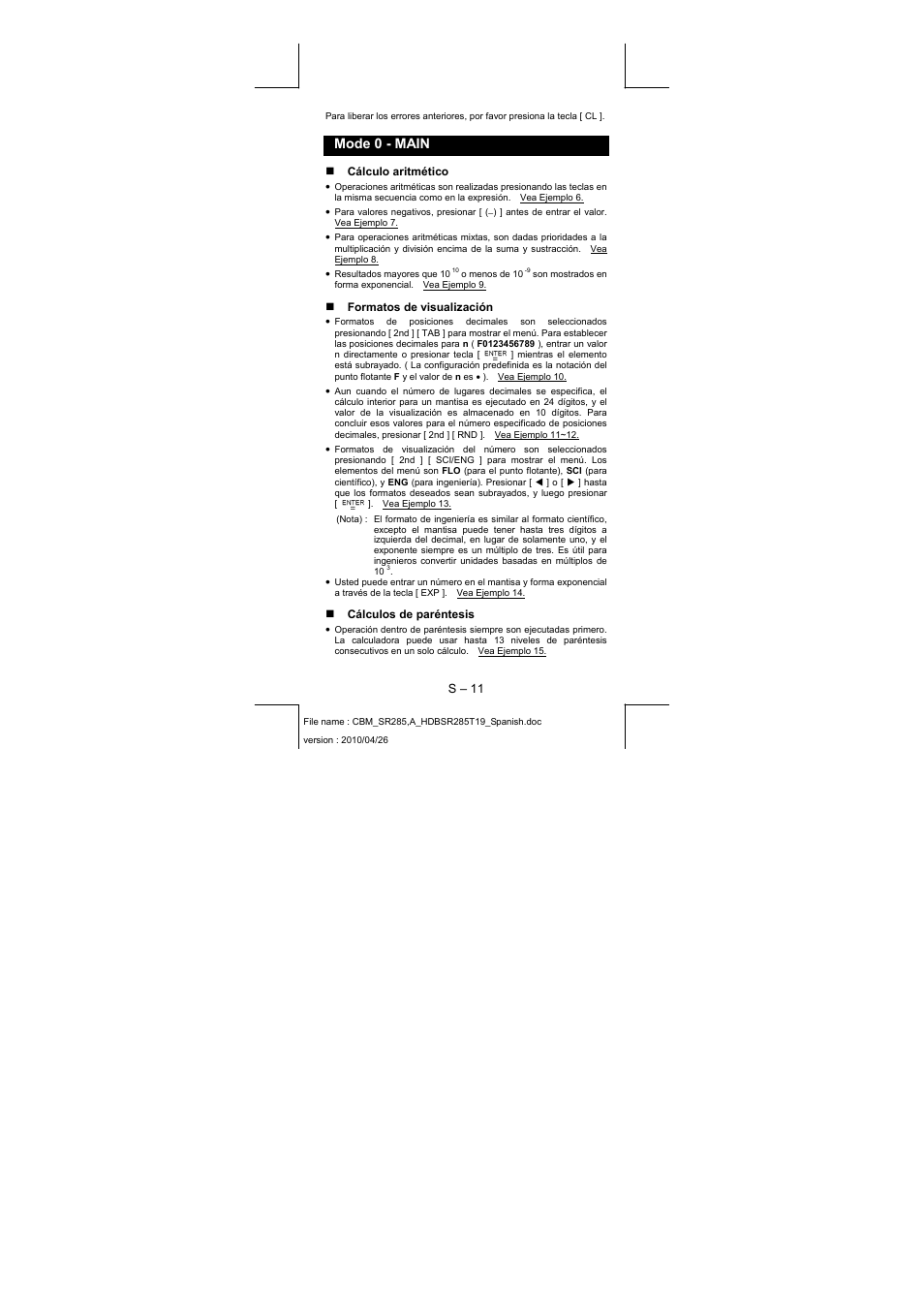 Mode 0 - main, S – 11, Cálculo aritmético | Formatos de visualización, Cálculos de paréntesis | CITIZEN SRP-285N User Manual | Page 32 / 247