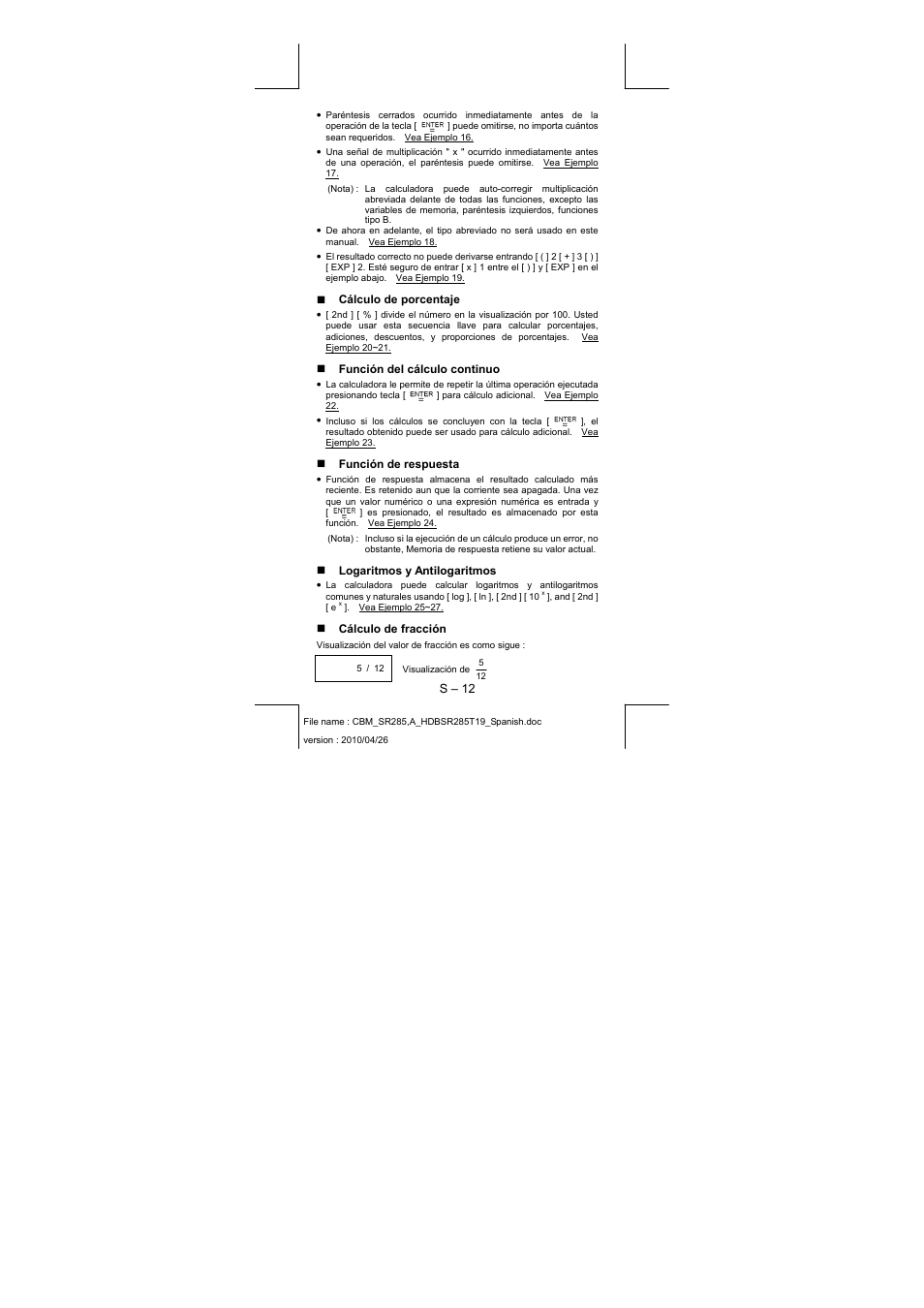 S – 12, Cálculo de porcentaje, Función del cálculo continuo | Función de respuesta, Logaritmos y antilogaritmos, Cálculo de fracción | CITIZEN SRP-285N User Manual | Page 33 / 247