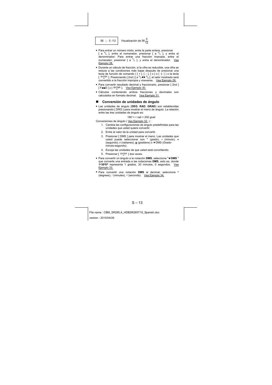 S – 13, Conversión de unidades de ángulo | CITIZEN SRP-285N User Manual | Page 34 / 247