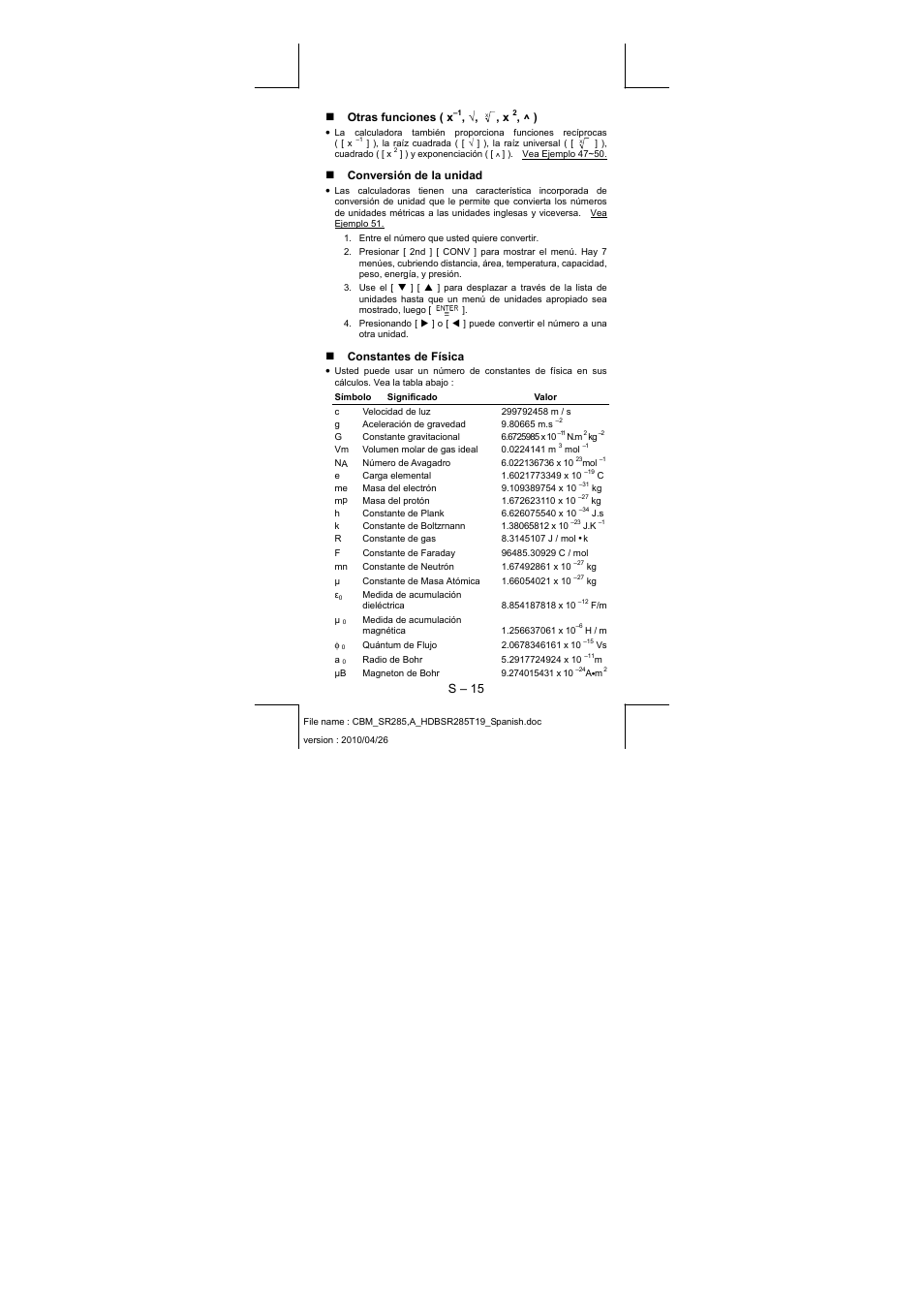 S – 15, Otras funciones ( x, Conversión de la unidad | Constantes de física | CITIZEN SRP-285N User Manual | Page 36 / 247