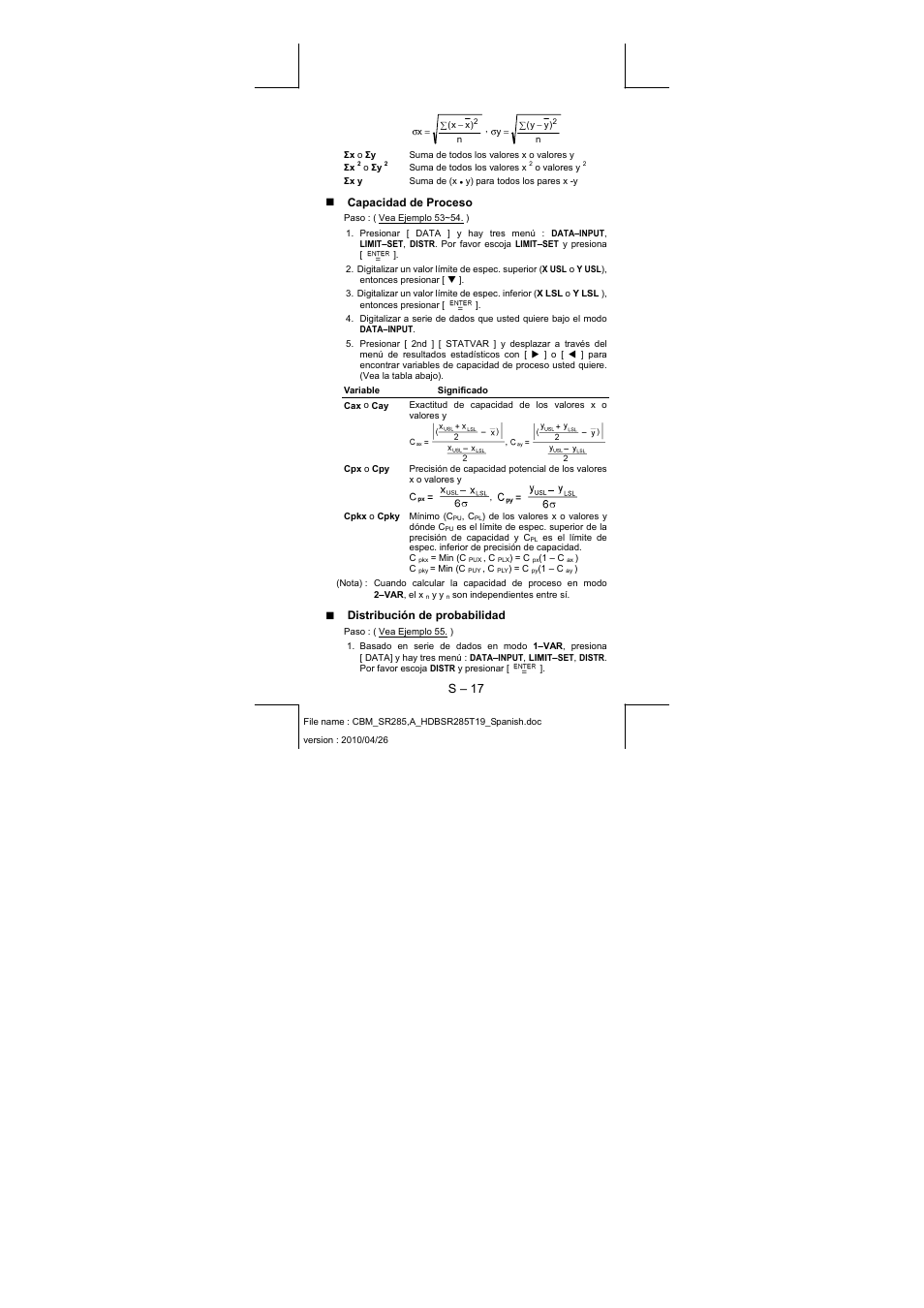 S – 17, Capacidad de proceso, Distribución de probabilidad | CITIZEN SRP-285N User Manual | Page 38 / 247