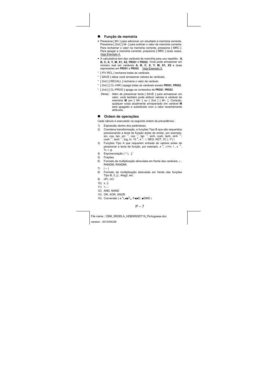 P – 7, Função de memória, Ordem de operações | CITIZEN SRP-285N User Manual | Page 48 / 247