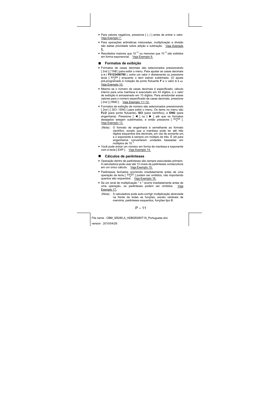 P – 11, Formatos de exibição, Cálculos de parênteses | CITIZEN SRP-285N User Manual | Page 52 / 247