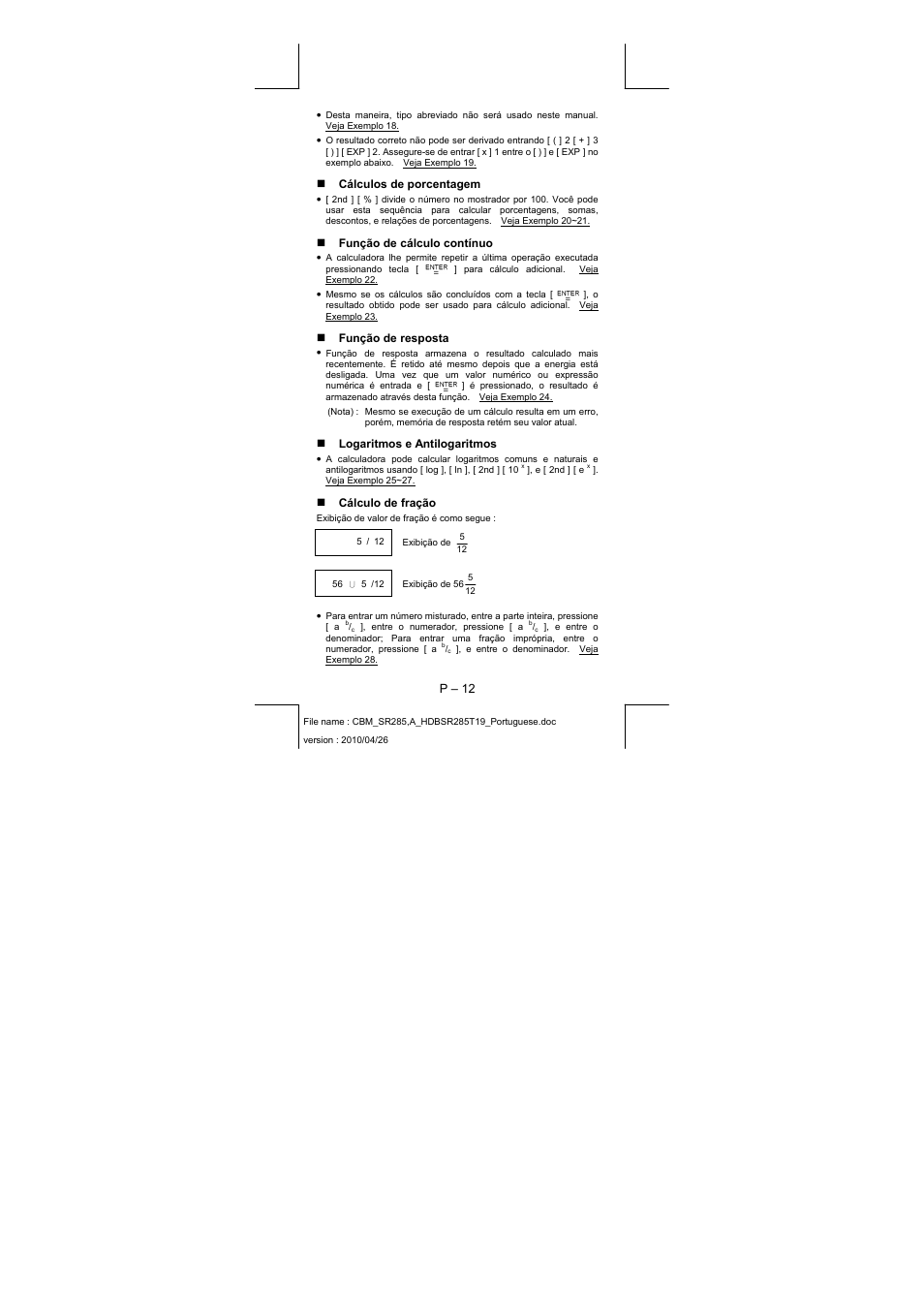 P – 12, Cálculos de porcentagem, Função de cálculo contínuo | Função de resposta, Logaritmos e antilogaritmos, Cálculo de fração | CITIZEN SRP-285N User Manual | Page 53 / 247