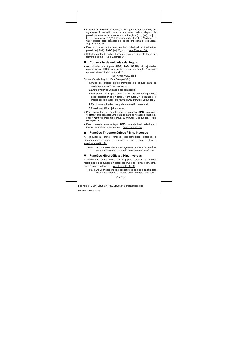 P – 13, Conversão de unidades de ângulo, Funções trigonométricas / trig. inversas | Funções hiperbólicas / hip. inversas | CITIZEN SRP-285N User Manual | Page 54 / 247