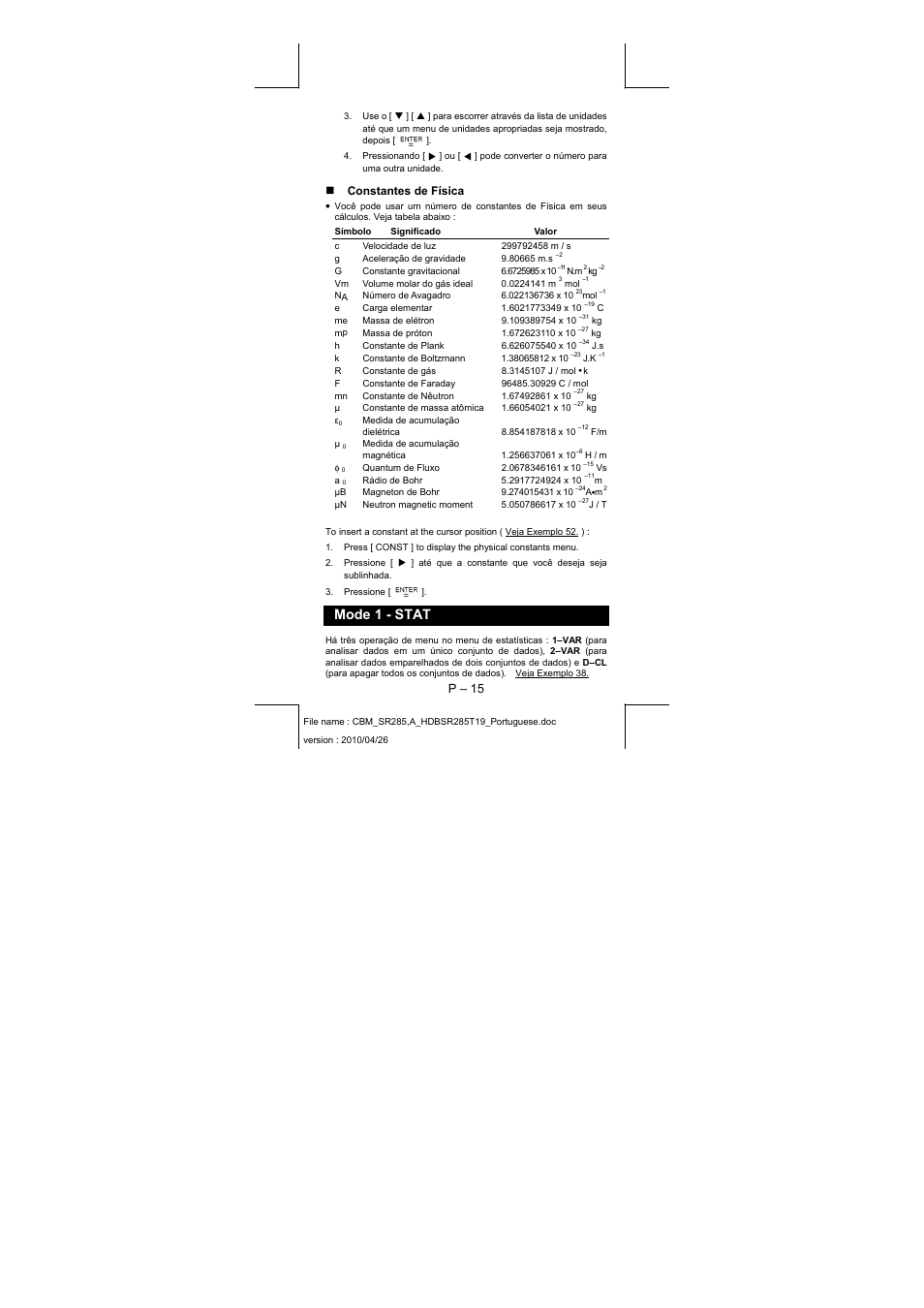 Mode 1 - stat, P – 15, Constantes de física | CITIZEN SRP-285N User Manual | Page 56 / 247