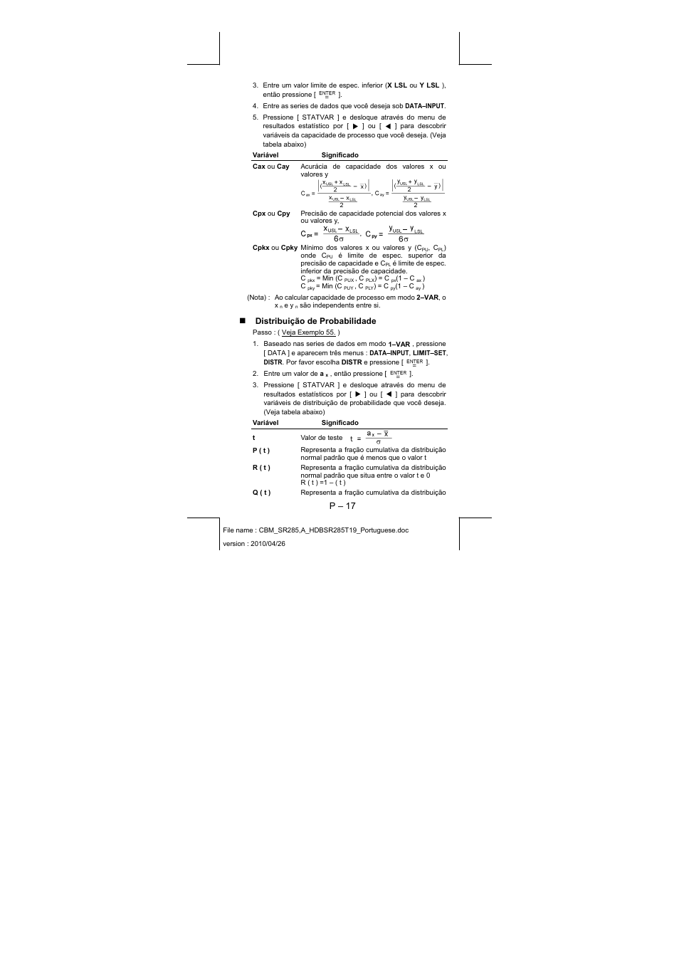 P – 17, Distribuição de probabilidade | CITIZEN SRP-285N User Manual | Page 58 / 247