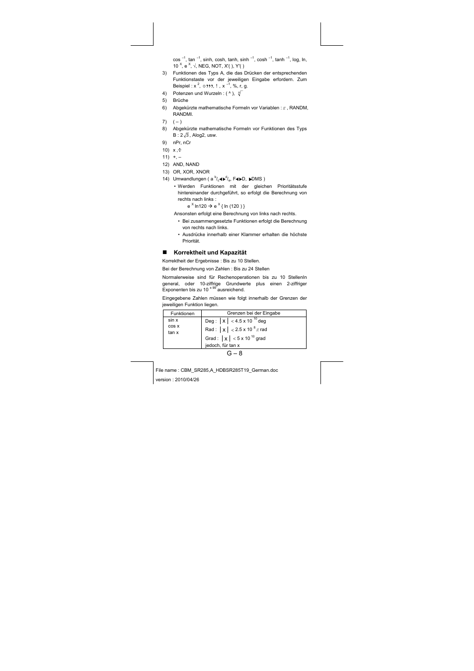 G – 8, Korrektheit und kapazität | CITIZEN SRP-285N User Manual | Page 69 / 247