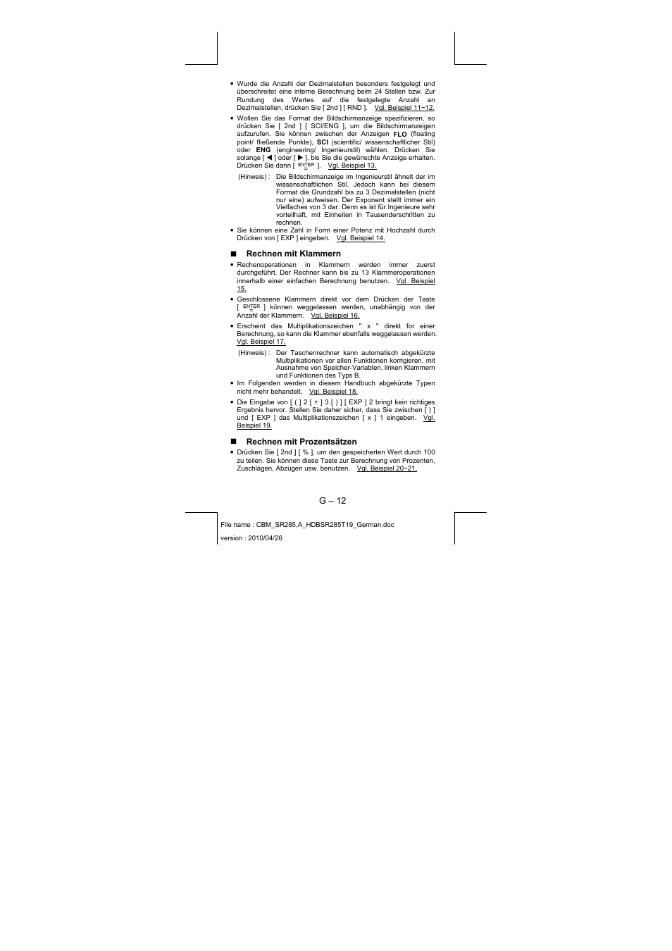 G – 12, Rechnen mit klammern, Rechnen mit prozentsätzen | CITIZEN SRP-285N User Manual | Page 73 / 247