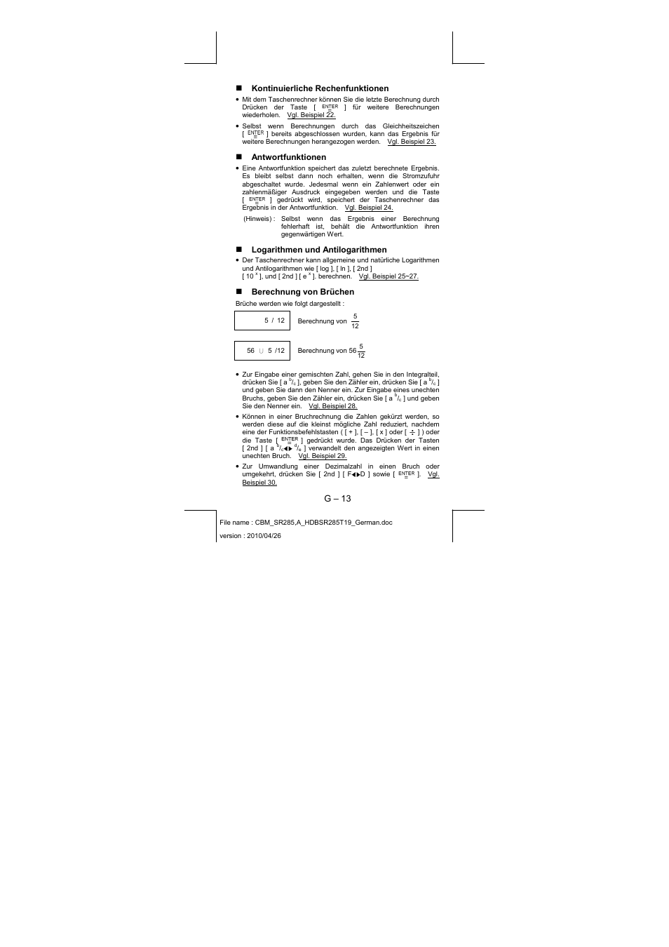 G – 13, Kontinuierliche rechenfunktionen, Antwortfunktionen | Logarithmen und antilogarithmen, Berechnung von brüchen | CITIZEN SRP-285N User Manual | Page 74 / 247