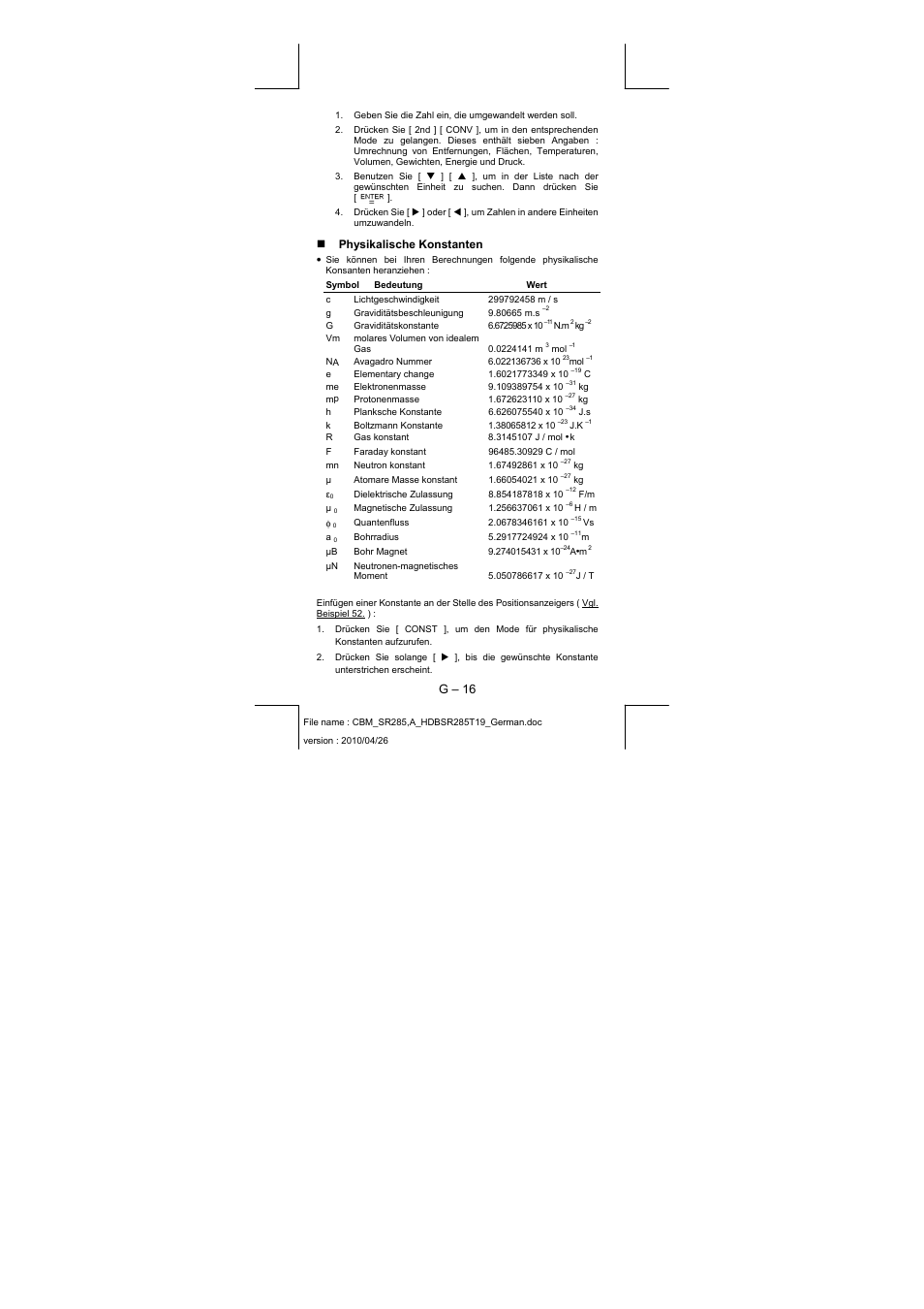 G – 16, Physikalische konstanten | CITIZEN SRP-285N User Manual | Page 77 / 247